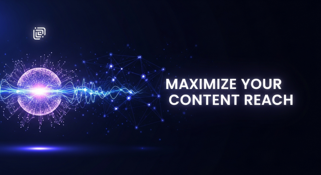 A dark, wide banner image showing a stylized glowing central data node radiating electric blue and purple light waves connecting to an abstract network of smaller nodes against a deep indigo to black gradient background. The text 'Maximize Your Content Reach' in a glowing white sans-serif font is overlaid, and a subtle monochrome website logo is in the top-left corner. The image conveys content amplification and broad reach with a modern, high-tech, and professional aesthetic.