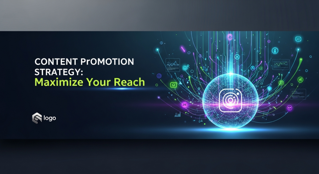 A dark-themed, wide banner illustration in a modern tech style. A central, glowing digital sphere radiates bright, interconnected data streams outwards, symbolizing content promotion and maximized reach. The background is a deep gradient of blues and greys, with neon accents. Text overlay: 'Content Promotion Strategy: Maximize Your Reach' in a glowing sans-serif font. A subtle monochrome logo is in the bottom-left corner.