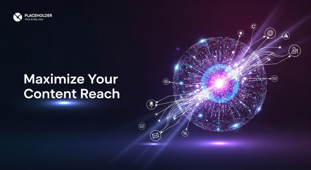 A dark-themed, wide banner image for a blog post about content promotion strategy. An abstract, glowing digital sphere or document at the center emits vibrant neon lines and soft light rays spreading outwards across a dark gradient background, symbolizing maximized content reach. The text 'Maximize Your Content Reach' is prominently displayed in a modern sans-serif font with a subtle glow. A subtle website logo is in the top-left corner.
