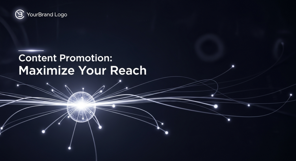 A dark, modern tech illustration featuring a central glowing sphere emitting multiple radiant light beams, symbolizing content promotion and maximizing digital reach. The wide banner image has a subtle abstract digital background, with the text 'Content Promotion: Maximize Your Reach' in a glowing font and a subtle brand logo in the top-left corner.