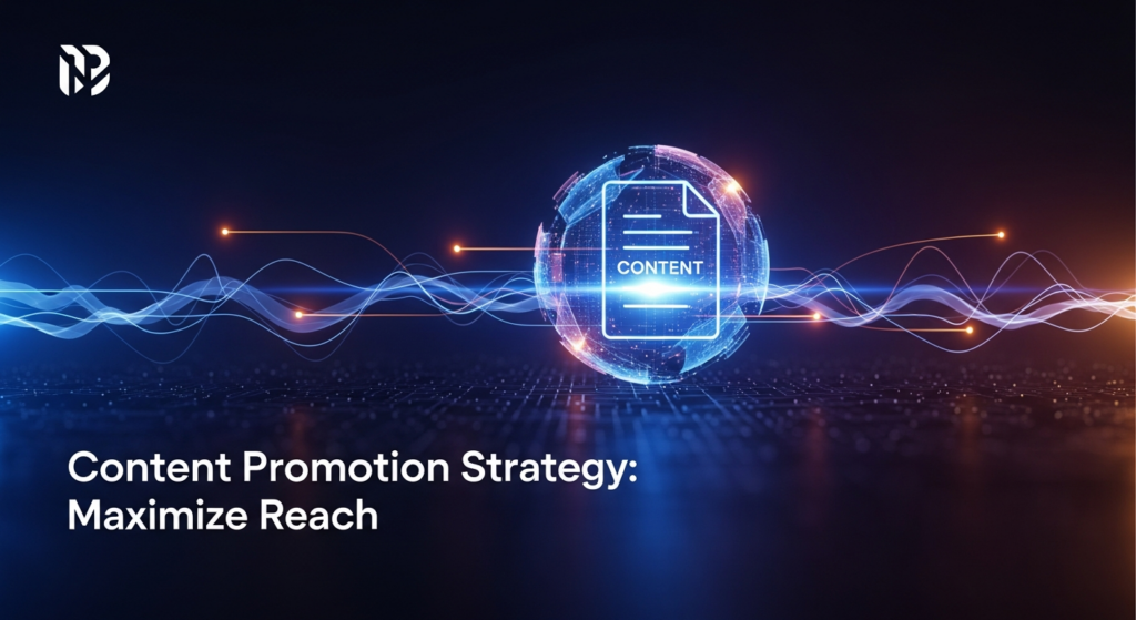 An abstract, dark-themed digital illustration showing a central glowing data sphere or document icon with emanating network lines and waves, symbolizing content promotion and maximizing reach. The image features a modern, high-tech aesthetic with subtle neon glow accents in blues and purples against a dark gradient background. The text overlay reads 'Content Promotion Strategy: Maximize Reach'. A subtle website logo is placed in the top-left corner.