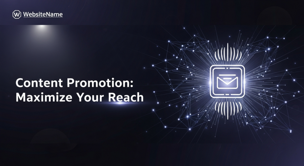 A dark-themed digital illustration showing a central glowing abstract icon, symbolizing content, emitting radiating blue and purple digital waves across a dark, abstract tech landscape. The image features high-contrast cinematic lighting and subtle neon glow accents, with the text 'Content Promotion: Maximize Your Reach' in a modern sans-serif font and a subtle monochrome website logo in the top-left corner. This visual represents strategic content promotion and maximized reach.
