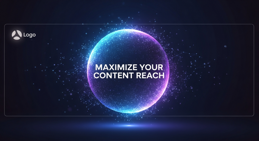 A dark, wide banner image with a central glowing blue and purple sphere emitting light trails that spread like a digital network. The text 'Maximize Your Content Reach' glows in a modern sans-serif font. A subtle website logo is in the top-left corner. Represents digital content promotion and reach.