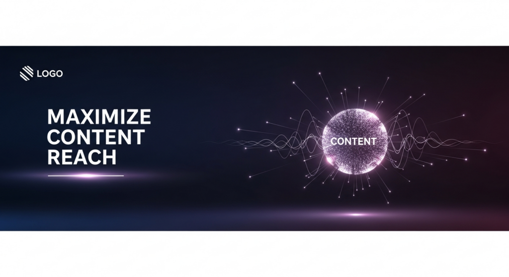 A dark-themed, modern tech illustration for content promotion. A central glowing abstract data sphere radiates subtle energy lines outwards against a dark gradient background, symbolizing content amplification and maximized reach. The text 'MAXIMIZE CONTENT REACH' glows faintly above, and a subtle website logo is in the top-left corner.