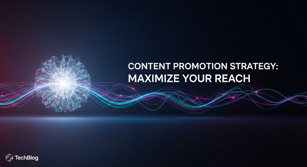 A dark-themed, wide banner illustration depicting a softly glowing digital nexus at its center, with vibrant, interconnected light trails extending outwards. The image, in a modern tech style, represents a content promotion strategy and maximizing reach. White overlay text reads 'Content Promotion Strategy: Maximize Your Reach'. A subtle website logo is in the bottom-left corner.