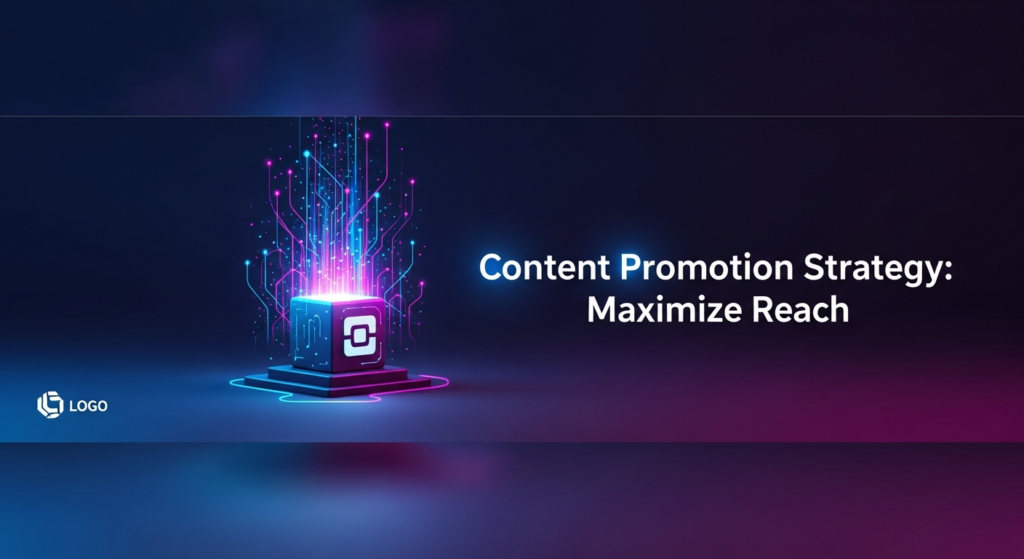 A dark-themed, sleek digital illustration for a blog featured image. A glowing abstract content icon radiates vibrant electric blue and magenta light trails and expanding network lines across a deep blue and purple gradient background, symbolizing content promotion and maximizing reach. The text 'Content Promotion Strategy: Maximize Reach' is centrally displayed with a subtle glow. A subtle website logo is in the bottom-left corner. The image uses cinematic lighting and a modern, high-tech aesthetic.