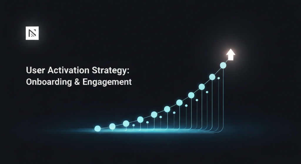 A dark-themed wide banner image. A central abstract graphic depicts a glowing, interconnected path of nodes rising upwards, culminating in a bright spark, symbolizing user activation and successful engagement. The text 'User Activation Strategy: Onboarding & Engagement' glows subtly in a modern sans-serif font over the image. A subtle, monochrome website logo is in the top-left corner. The overall style is modern tech illustration with cinematic lighting and neon accents.