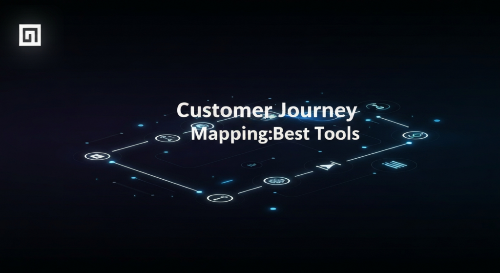 A dark-themed, minimalist banner image featuring a glowing, interconnected path with abstract digital icons, representing a customer journey mapped out with various tools. The text 'Customer Journey Mapping: Best Tools' is centrally placed with a subtle glow, and a monochrome website logo is in the top-left corner. The image has a modern tech illustration style with high-contrast cinematic lighting and neon accents on a deep gradient background.