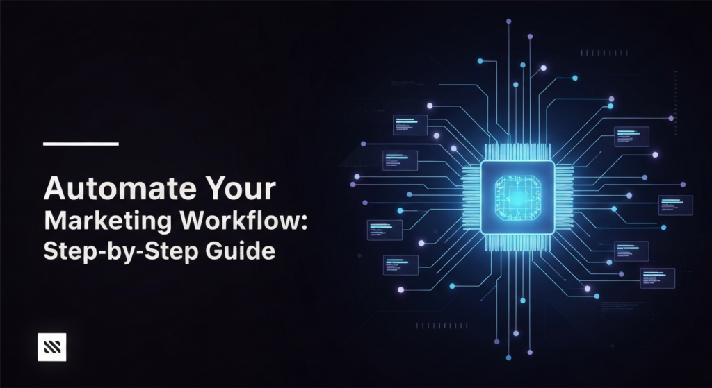 A dark, modern digital illustration for marketing workflow automation. A central glowing abstract digital brain or core processor is surrounded by interconnected neon-blue and purple data streams and nodes, symbolizing an efficient, automated workflow. The wide banner image features a deep dark gradient background and high-contrast lighting with soft glow accents. Overlay text reads 'Automate Your Marketing Workflow: Step-by-Step Guide', with a subtle logo in the bottom-left.