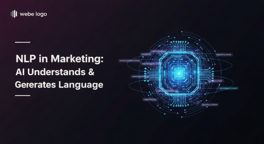 A dark, high-tech banner image featuring a glowing abstract AI brain or neural network core. Swirling lines of blue and purple text data and language waveforms interact with the core. The title 'NLP in Marketing: AI Understands & Generates Language' is overlaid, along with a subtle website logo in the corner.