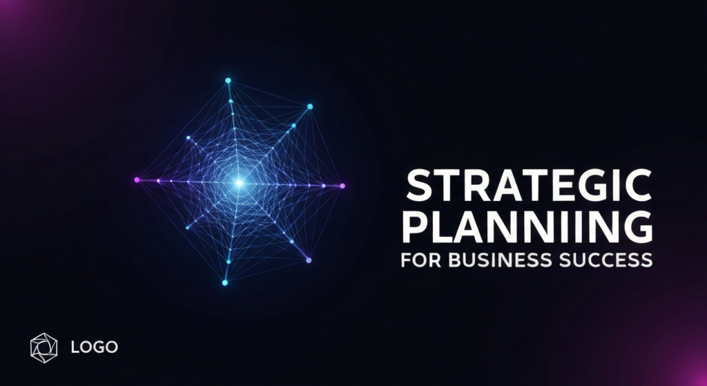 A dark-themed banner image featuring a glowing, futuristic geometric structure with interconnected nodes and pathways, symbolizing the strategic planning process leading to a clear point of business success. The text 'Strategic Planning for Business Success' is overlaid in a modern font, with a subtle logo in the corner.