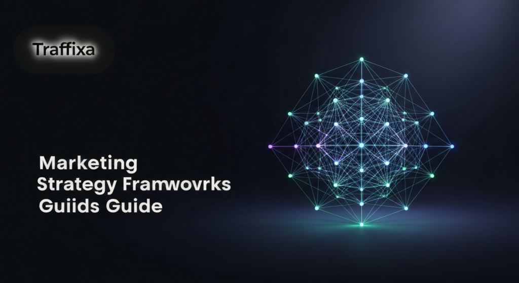 A dark-themed banner image featuring a central, glowing 3D geometric network representing interconnected marketing strategy frameworks and growth. The design is minimal and modern with cinematic lighting and subtle neon accents. The text 'Marketing Strategy Frameworks Guide' is centrally placed with a soft glow, and the 'Traffixa' logo is subtly integrated in the top-left corner.
