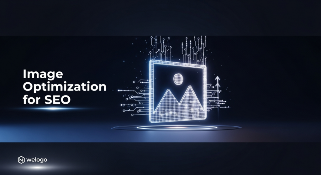 A dark, modern tech illustration featuring a glowing, abstract icon representing a web image, surrounded by subtle data streams and speed lines on a dark gradient background. The text 'Image Optimization for SEO' is overlaid, along with a subtle website logo in the bottom-left corner. The image conveys concepts of speed, efficiency, and enhanced visibility for web images.