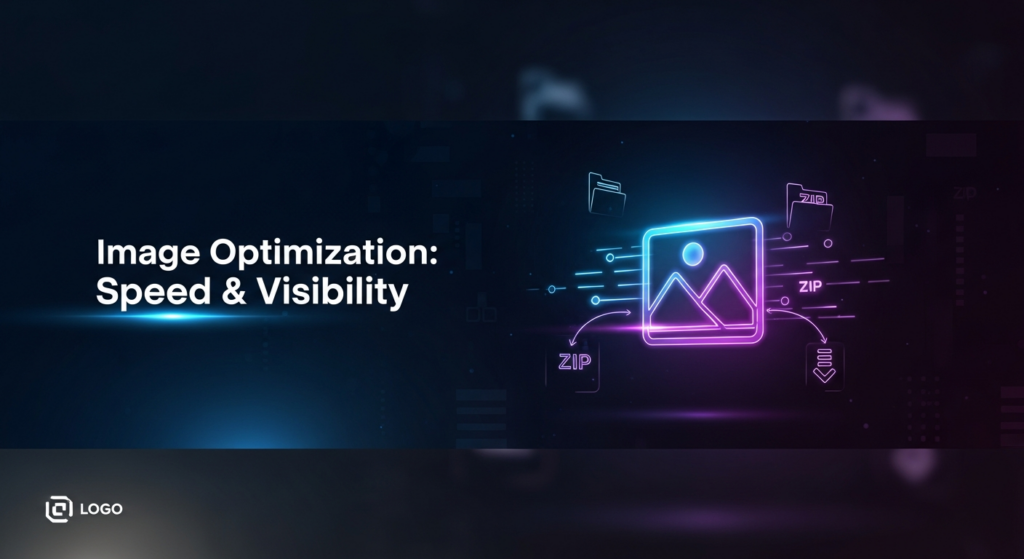 A dark-themed blog featured image showing a glowing, abstract digital image icon with subtle speed lines and data compression glyphs, symbolizing image optimization for improved speed and visibility. The image has cinematic lighting with neon blue and purple accents, a dark gradient background, and features the text 'Image Optimization: Speed & Visibility'. A subtle, monochrome website logo is in the bottom-left corner.
