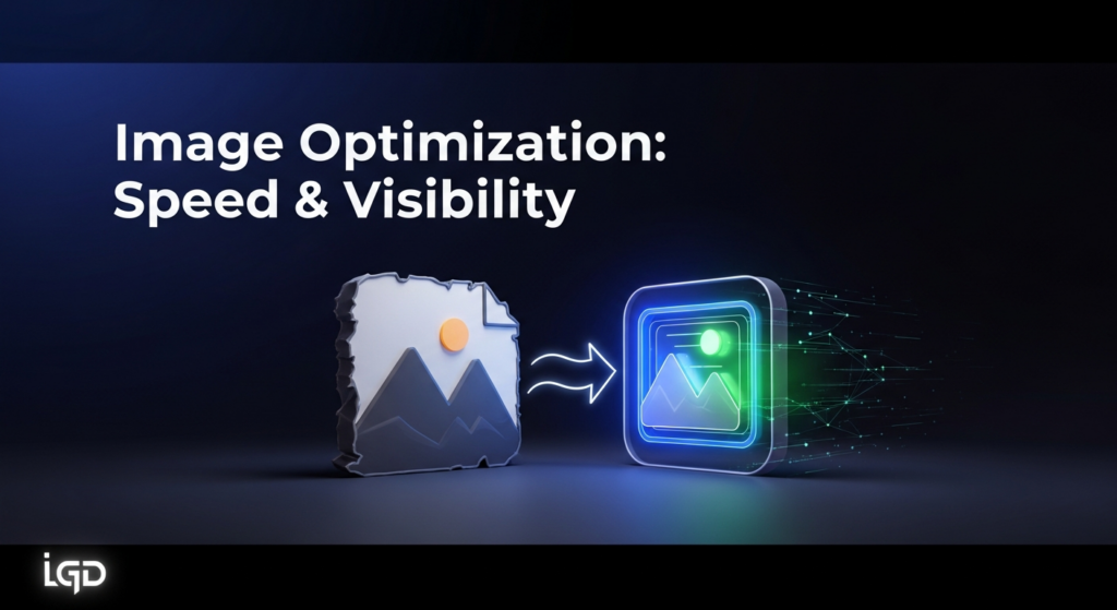 A sleek, dark, high-contrast banner image depicting the concept of image optimization for SEO. A stylized digital image icon transitions from a slightly pixelated form to a smooth, glowing, optimized version with speed lines. Neon blue and electric green glow accents highlight the transformation against a dark gradient background. The text 'Image Optimization: Speed & Visibility' is centrally placed with a subtle glow. A monochrome logo is in the bottom-left corner.