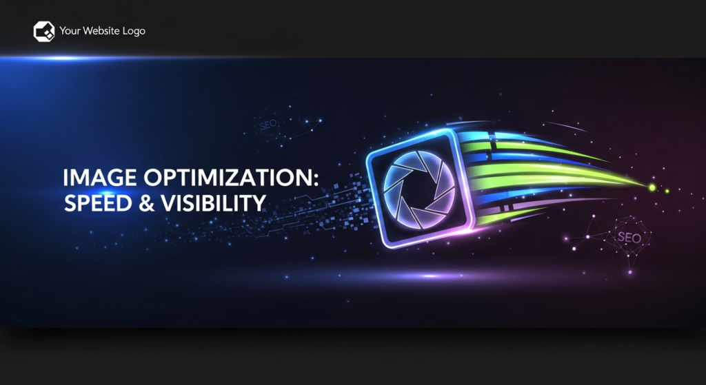 Abstract, dark-themed banner image for a blog post on image optimization. A central glowing graphic depicts a pixelated image icon transforming into a high-speed light path, symbolizing improved speed and visibility for SEO. The background is a dark gradient with subtle tech-inspired elements. The text overlay reads 'IMAGE OPTIMIZATION: SPEED & VISIBILITY' in a modern, glowing sans-serif font. A subtle website logo is in the top-left corner. The overall aesthetic is professional, futuristic, and high-contrast, designed for a dark-mode website.