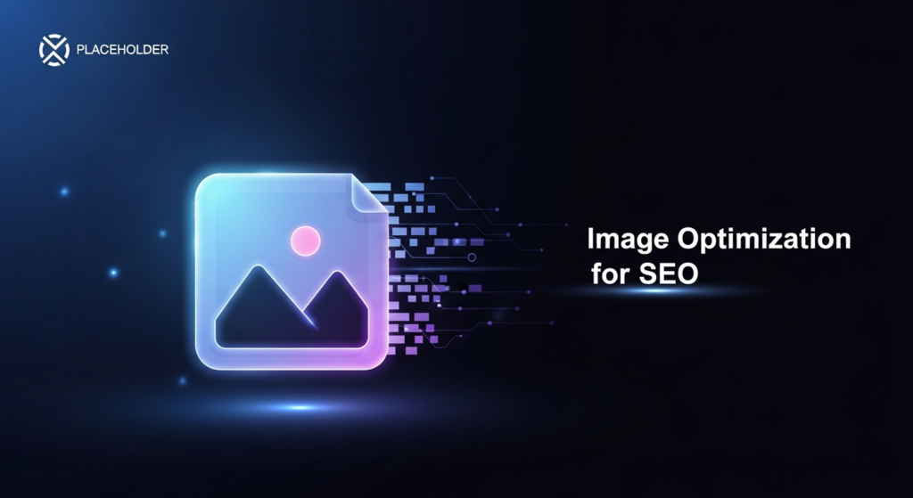 A dark, modern, stylized illustration representing image optimization for SEO. A glowing blue and purple digital image file icon is central, with light trails suggesting speed and data flow. The background is a dark gradient. The text 'Image Optimization for SEO' is overlaid, and a subtle website logo is in the top-left corner.