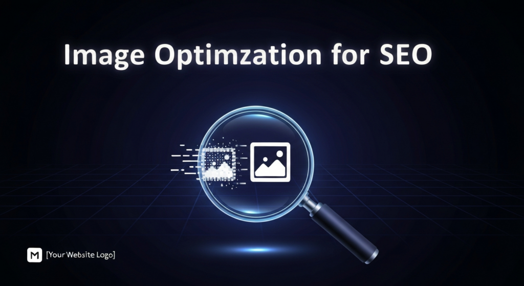 A dark-themed digital illustration featuring a glowing magnifying glass. Inside its lens, a blurry, pixelated image is transforming into a sharp, high-definition image, symbolizing 'Image Optimization for SEO'. The background is a dark gradient with subtle tech patterns. Text overlay 'Image Optimization for SEO' is centered above, and a subtle website logo is in the bottom-left corner.