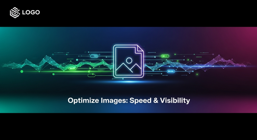 A dark-themed, minimalist digital illustration showing a glowing, stylized image file icon surrounded by fast-moving data streams and network nodes, representing image optimization, speed, and search visibility. The text 'Optimize Images: Speed & Visibility' is centered, with a subtle logo in the top-left corner.