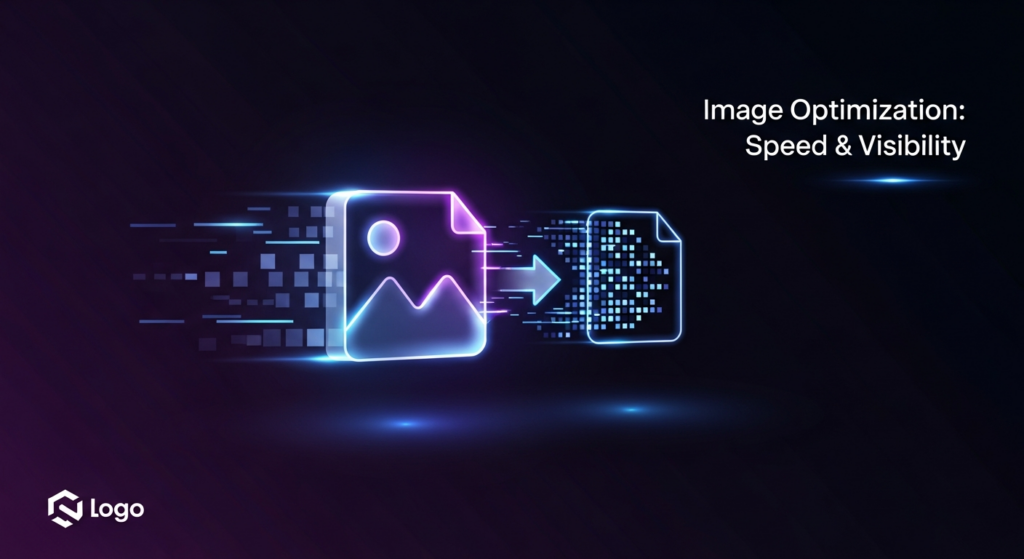 A dark, wide banner illustration depicting a stylized digital image icon compressing and transforming into a smaller, faster, and more efficient glowing form. Neon blue and purple light streams emanate from the transforming image, symbolizing speed and optimization. The text 'Image Optimization: Speed & Visibility' with a subtle glow is in the upper-right corner, and a monochrome website logo is in the bottom-left corner. The background is a dark gradient, and the image has a modern tech, high-contrast, professional aesthetic.