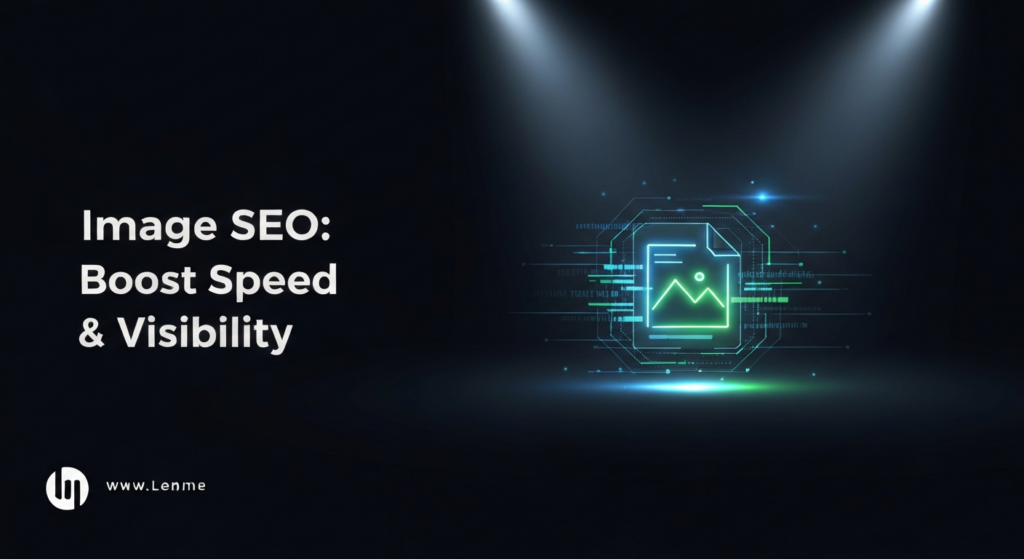 A minimalist, dark-themed blog featured image. A glowing, abstract image file icon is central, surrounded by subtle digital data streams and speed lines, representing image optimization, speed, and visibility. The text 'Image SEO: Boost Speed & Visibility' is overlaid, with a subtle website logo in the bottom-left corner.