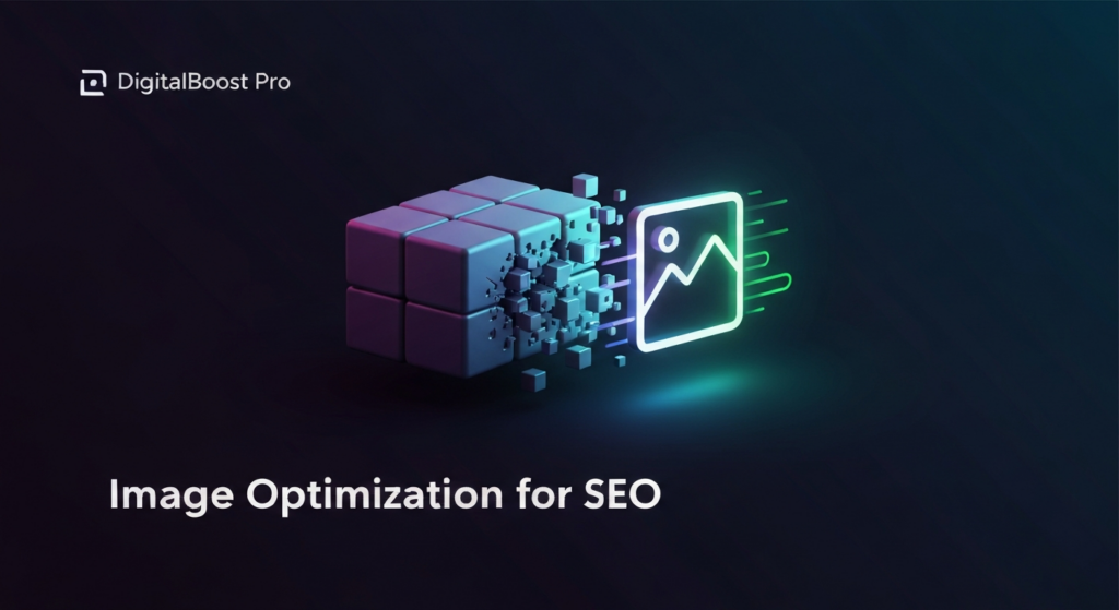 A dark-themed digital illustration showing a large, blocky data block transforming into a streamlined, glowing image icon, symbolizing image optimization for speed and visibility. Neon blue and green glow accents highlight the transformation against a dark gradient background. The text 'Image Optimization for SEO' is centered below, and a subtle 'DigitalBoost Pro' logo is in the top-left corner.