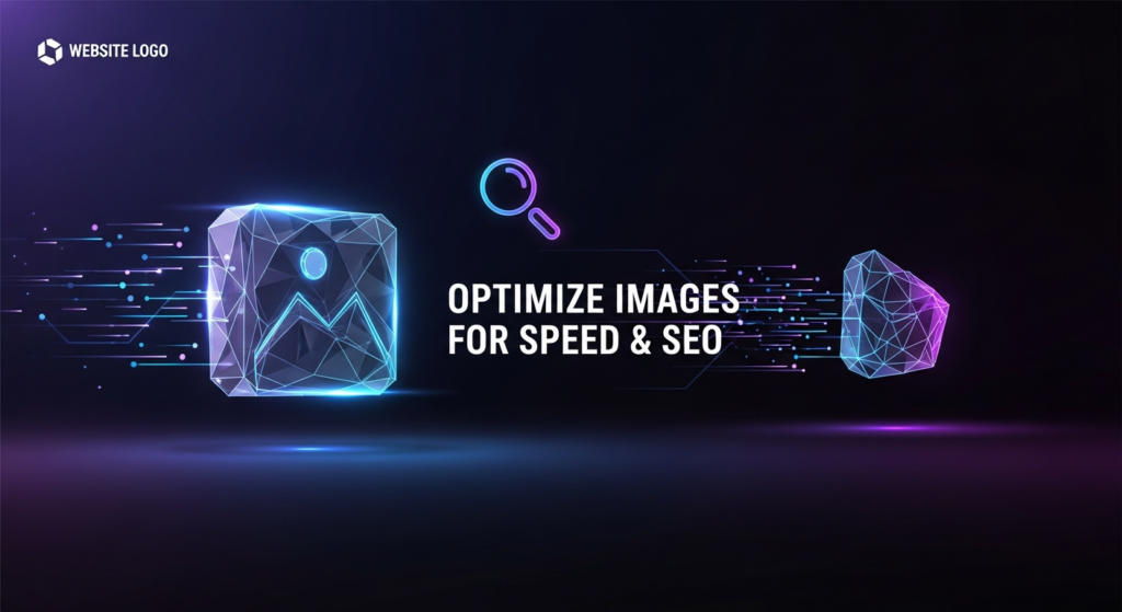 A dark, wide banner image depicting a stylized, glowing abstract representation of an image data block transforming from a larger, diffused shape to a smaller, sharper, and faster one, with luminous lines indicating speed. A subtle, glowing abstract magnifying glass hovers near the optimized form, symbolizing SEO and visibility. The text 'Optimize Images for Speed & SEO' is centrally displayed with a subtle neon glow. A monochrome website logo is subtly placed in the top-left corner. The image uses cinematic lighting and a modern tech illustration style.