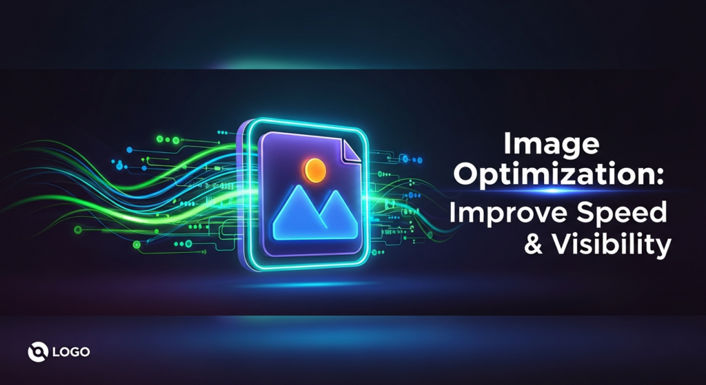 A dark-themed, wide banner image showing a central, glowing digital icon representing an optimized image file. Stylized neon green and blue lines emanate from it, symbolizing speed and data efficiency. The text 'Image Optimization: Improve Speed & Visibility' is overlaid in a modern white font with a soft blue glow. A subtle website logo is in the bottom-left corner. The background is a dark gradient, embodying a high-tech, professional, and minimal aesthetic, perfect for a blog about SEO and image optimization.