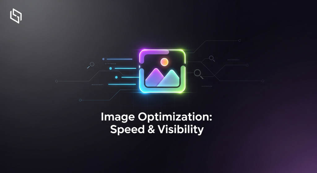 A dark-themed blog banner image depicting a glowing, abstract icon symbolizing an optimized digital image, surrounded by subtle light trails and digital data flows. The text 'Image Optimization: Speed & Visibility' is overlaid, and a subtle website logo is in the top-left. The visual conveys efficiency, speed, and improved online visibility for SEO.
