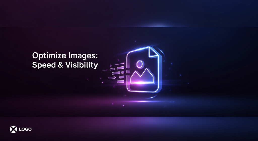A dark-themed, modern illustration showing a glowing, streamlined digital image file icon with subtle speed lines, representing image optimization for SEO. The text overlay reads 'Optimize Images: Speed & Visibility' in a modern sans-serif font. A subtle website logo is integrated in the bottom-left corner.