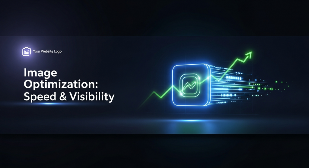 Abstract illustration of a glowing digital image icon with light trails and data streams, symbolizing fast loading and optimization. A subtle upward-trending graph in the dark background represents improved SEO visibility. Text overlay reads 'Image Optimization: Speed & Visibility'. Modern tech style suitable for dark mode.