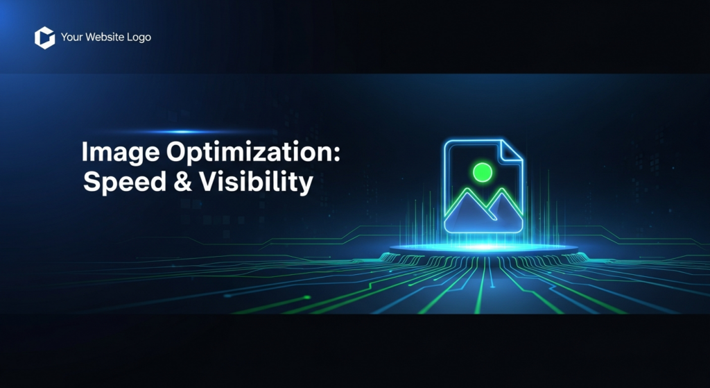 A dark, high-contrast digital illustration featuring a central, glowing abstract icon that symbolizes an optimized image file, with luminous speed lines radiating outwards. Text overlay reads: 'Image Optimization: Speed & Visibility'. A subtle, monochrome website logo is placed in the top-left corner. The overall visual represents technical SEO for improving image loading speed and search visibility.