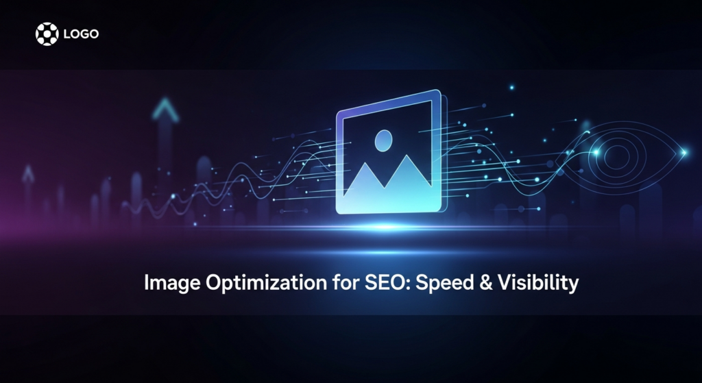 A dark-themed banner image featuring a glowing, stylized image icon (representing optimization) at its center. Subtle digital compression lines and light trails radiate from the icon, symbolizing speed and efficiency. In the dark gradient background, faint upward-trending lines or eye motifs suggest improved SEO and visibility. The text 'Image Optimization for SEO: Speed & Visibility' is overlaid in a modern glowing font, with a website logo in the top-left corner. The image uses cinematic lighting with neon blue and teal accents, creating a high-tech, professional, and minimalist aesthetic.