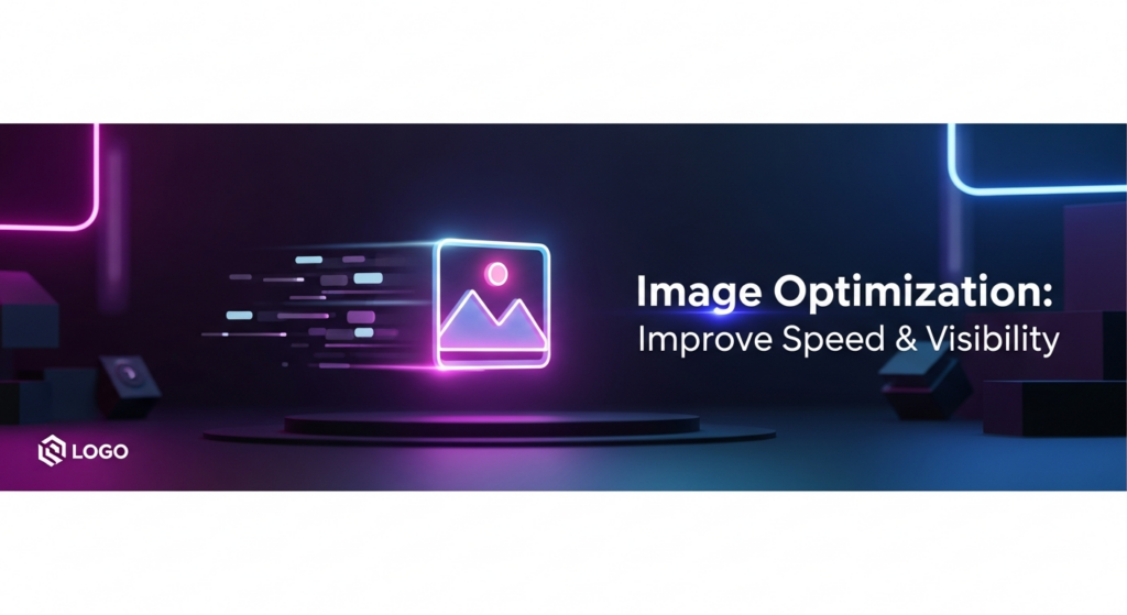 A dark-themed digital illustration in a wide banner format, featuring a glowing, stylized image icon at the center with light trails symbolizing speed and optimization. The background is a minimalist dark gradient. Text overlay reads 'Image Optimization: Improve Speed & Visibility'. A subtle logo is in the bottom-left.