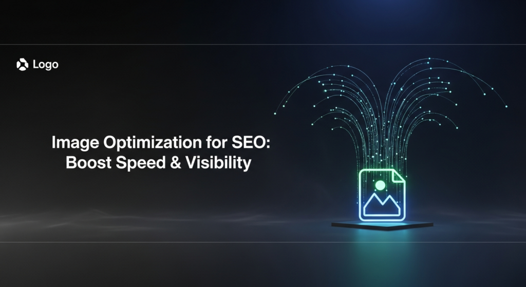 A minimalist, dark-themed digital illustration for an article on image optimization for SEO. A glowing, stylized image file icon in the center radiates dynamic speed lines and data streams upwards against a dark, gradient background, symbolizing improved page speed and search visibility. The text 'Image Optimization for SEO: Boost Speed & Visibility' is centrally placed with a subtle glow. A subtle website logo is in the top-left corner.