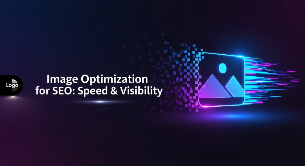 A dark-themed digital illustration showing an abstract image icon transforming from a fragmented, pixelated state into a sharp, glowing, streamlined version with speed lines, symbolizing image optimization, speed, and visibility for SEO. The title 'Image Optimization for SEO: Speed & Visibility' is overlaid. A subtle website logo is in the bottom-left corner.