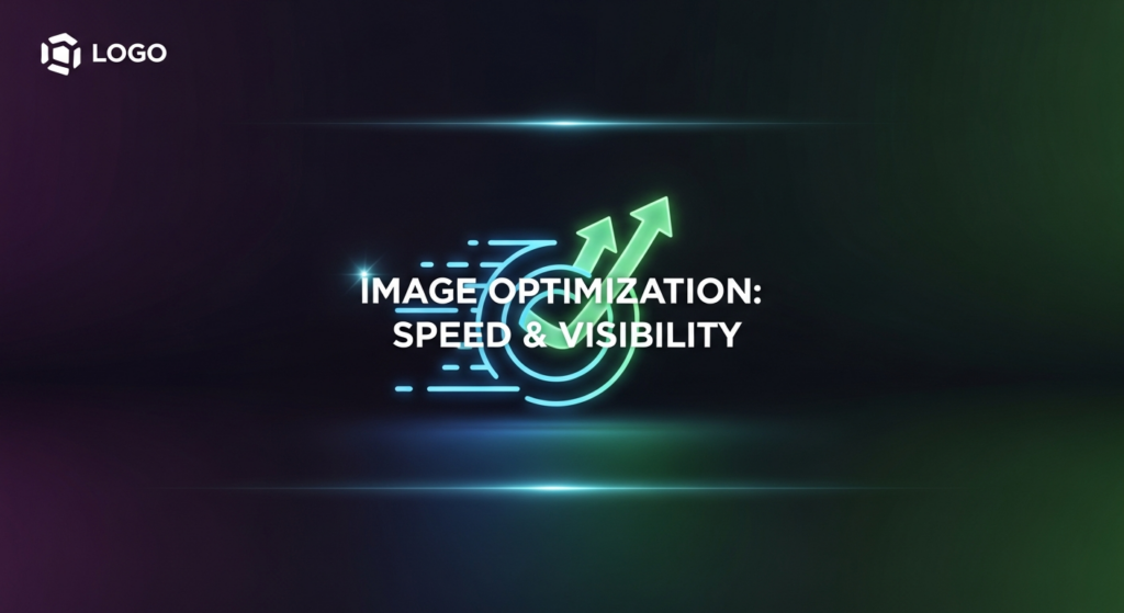 A dark-themed, wide banner image depicting a stylized, glowing digital image icon with neon blue and green accents, symbolizing image optimization, speed, and improved visibility. The background is a deep gradient with minimal tech lines. A clear text overlay reads 'Image Optimization: Speed & Visibility,' and a subtle website logo is in the top-left corner.