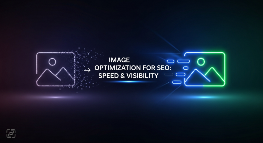 A dark, wide banner image showing an abstract digital image icon transforming from a pixelated, muted form on the left into a sharp, glowing, defined form on the right. The visual represents image optimization for SEO, emphasizing improved speed and visibility. Cinematic lighting with neon blue and purple glows accents the optimized part. Text overlay reads 'Image Optimization for SEO: Speed & Visibility'. A subtle logo is in the bottom-left corner.