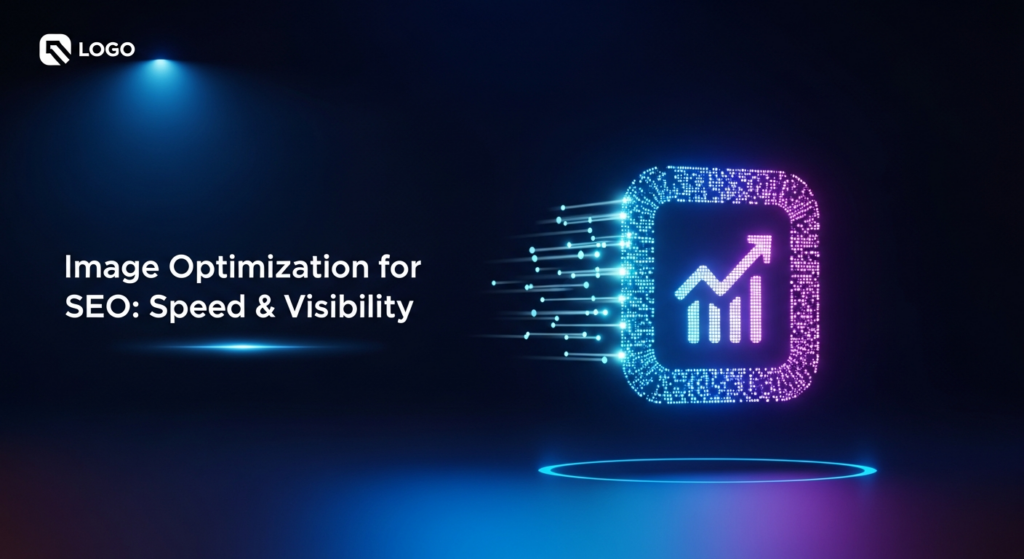 A dark, wide banner image featuring a central, glowing, stylized icon representing image optimization through merging pixels and emanating fast digital light trails, symbolizing speed and improved visibility for SEO. The background is a deep blue to black gradient with cinematic neon blue and purple lighting. The text overlay reads 'Image Optimization for SEO: Speed & Visibility'. A subtle website logo is visible in the top-left corner.