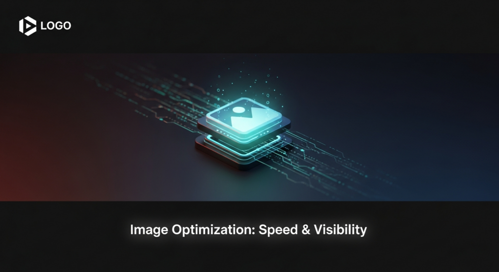 A dark, minimalist blog banner image showing a glowing, optimized digital image icon in the center with subtle light trails, representing improved speed and visibility. The background is a dark gradient. Text overlay reads 'Image Optimization: Speed & Visibility' with a website logo in the top-left corner.