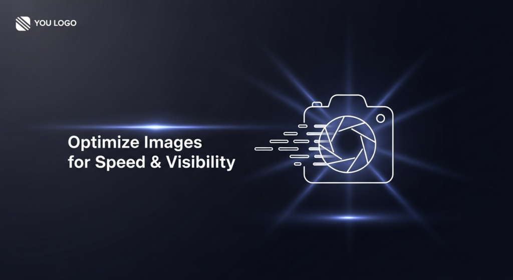 A dark-themed digital illustration for image optimization. A central glowing, minimalist icon resembling a camera aperture or pixel grid, surrounded by light rays and data compression lines, conveying speed and visibility. Text overlay reads 'Optimize Images for Speed & Visibility'.