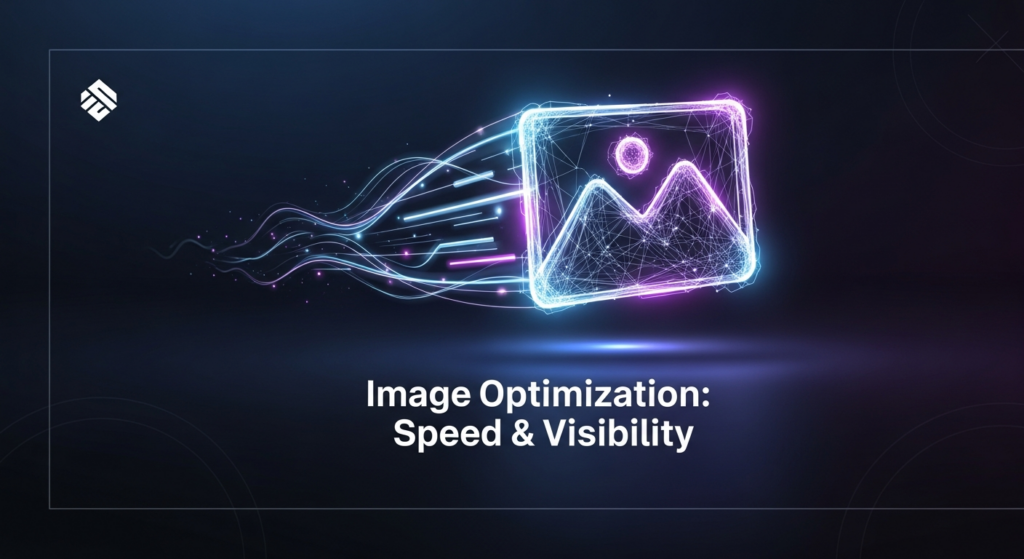 Dark banner image featuring a glowing, stylized digital image icon with dynamic light streams, representing data optimization, enhanced speed, and improved search visibility for SEO. The image includes the text 'Image Optimization: Speed & Visibility' and a subtle logo.
