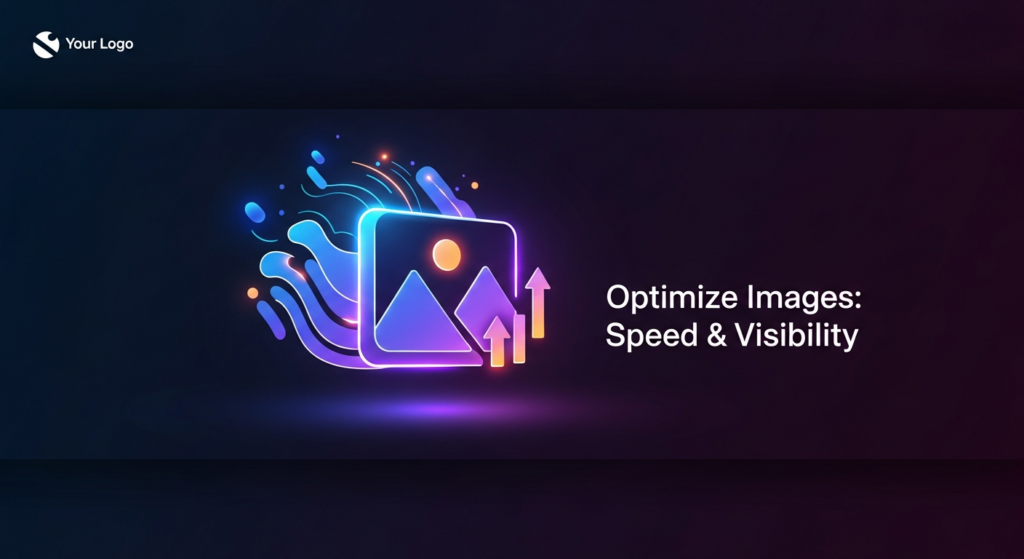A dark-themed digital illustration for a blog featured image. A glowing, stylized icon of an image file with abstract data flow lines and an upward arrow represents image optimization for speed and search visibility. The text 'Optimize Images: Speed & Visibility' is overlaid in a modern, glowing sans-serif font. A subtle website logo is in the top-left corner, all set against a dark gradient background with cinematic lighting and neon highlights.