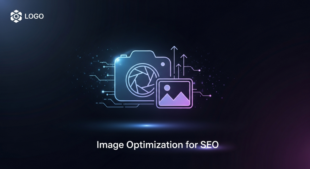 A dark themed, wide banner image showing a central, glowing, minimalist icon representing an optimized digital image, with subtle neon blue and purple highlights. Ethereal lines emanate from the icon, symbolizing speed and data. The text 'Image Optimization for SEO' is overlaid below the icon in a modern sans-serif font with a soft glow. A subtle monochrome logo is in the top-left corner. The background is a dark gradient, and the overall style is modern tech illustration with high contrast and cinematic lighting, conveying efficiency and improved performance.