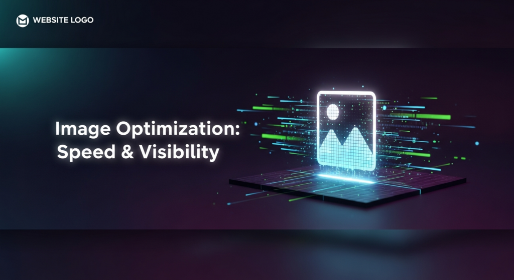 A dark, minimalist digital illustration for a blog featured image. The central subject is a glowing, abstract representation of an optimized image, shown as a streamlined pixel grid with dynamic light trails and data flowing, symbolizing improved speed and SEO visibility. The background is a subtle dark gradient. The text 'Image Optimization: Speed & Visibility' is overlaid in a glowing sans-serif font. A subtle website logo is in the top-left corner.