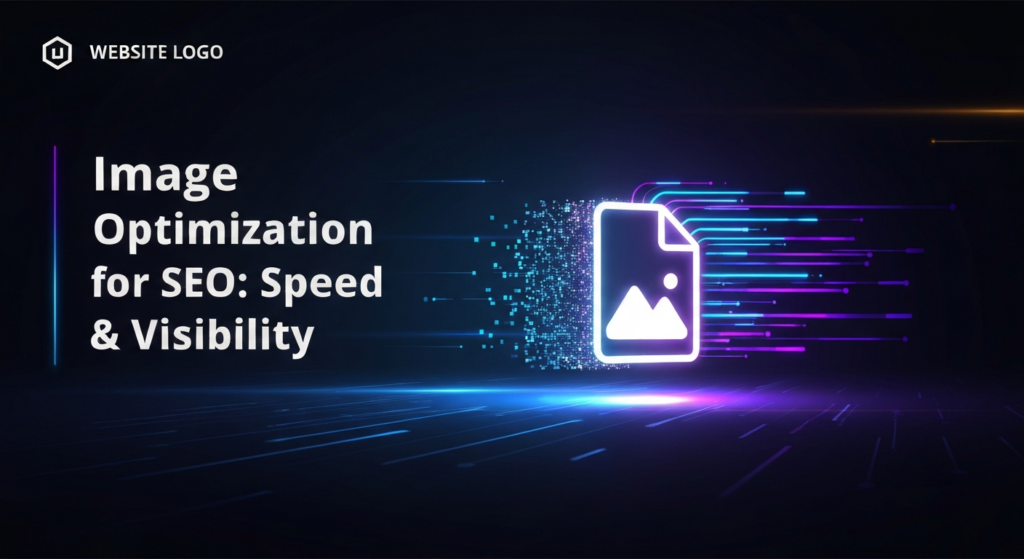 A dark, wide banner blog featured image showing a conceptual digital representation of an image being optimized. A glowing, fragmented pixel grid transforms into a sharp, radiant digital file icon, with neon blue and purple data streams flowing around it, signifying speed and efficiency. The text 'Image Optimization for SEO: Speed & Visibility' is centrally placed with a subtle glow. The Website Logo is subtly visible in the top-left corner.