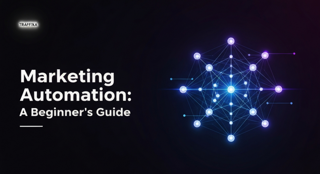 A dark-themed blog featured image illustrating marketing automation. It features a central glowing abstract network of interconnected nodes with subtle blue and purple data flow lines against a deep dark gradient background. The text overlay reads 'Marketing Automation: A Beginner's Guide' in a modern, glowing sans-serif font. The Traffixa logo is subtly placed in the top-left corner.