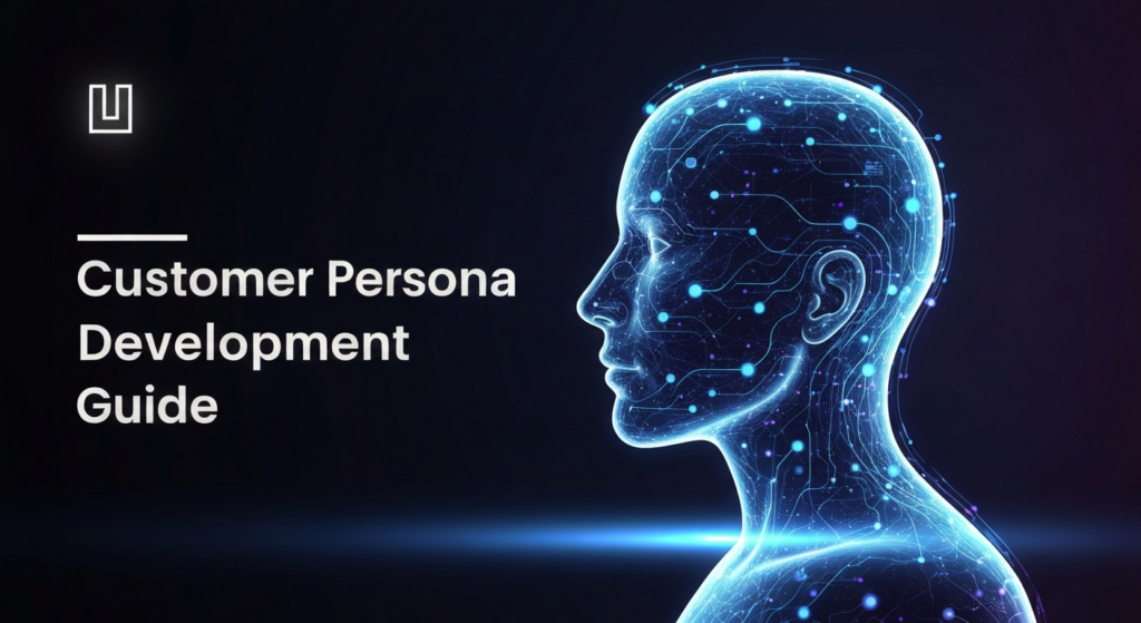 A dark, high-contrast digital illustration featuring a glowing, abstract human profile composed of interconnected data points and lines. The minimalist design symbolizes customer persona development and audience understanding. A subtle text overlay reads 'Customer Persona Development Guide' in a modern sans-serif font with a soft glow. The website logo is subtly placed in the top-left corner. The overall theme is dark with cinematic lighting and soft neon accents, evoking a professional and technical feel.
