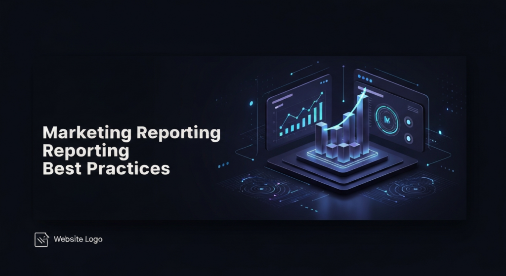 A modern, dark-themed digital illustration for a blog featured image. It displays a glowing, abstract 3D marketing performance dashboard with rising bar charts and data visualizations, highlighted with blue and purple neon lights against a dark gradient background. The text overlay reads 'Marketing Reporting Best Practices' in a sleek sans-serif font. A subtle website logo is in the corner. The image represents impactful data insights and reporting for business growth, with a professional, high-tech, and minimalist aesthetic.