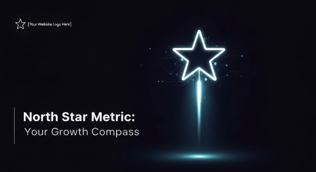 A dark, modern wide banner image featuring a glowing, abstract North Star symbol in white and cyan, emitting a directional light beam against a deep indigo to black gradient background. The text overlay reads 'North Star Metric: Your Growth Compass' with a subtle glow. A monochrome website logo is subtly placed in the top-left corner. The image represents a growth marketing guide about the North Star Metric.